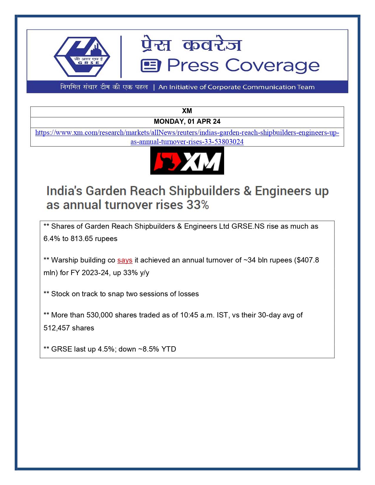 Press Coverage : XM, 01 Apr 24 : Garden Reach Shipbuilders & Engineers annual turnover rises up to 33%